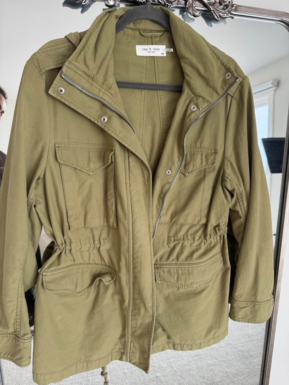 rag & bone olive green utility jacket with drawstring waist